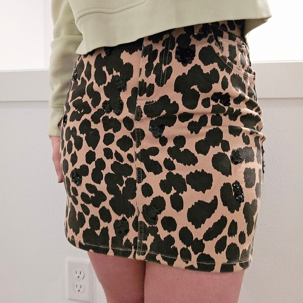 Blumarine Italy Ricamato a Mano Hand Stitched Denim Sequin Skirt in Leopard